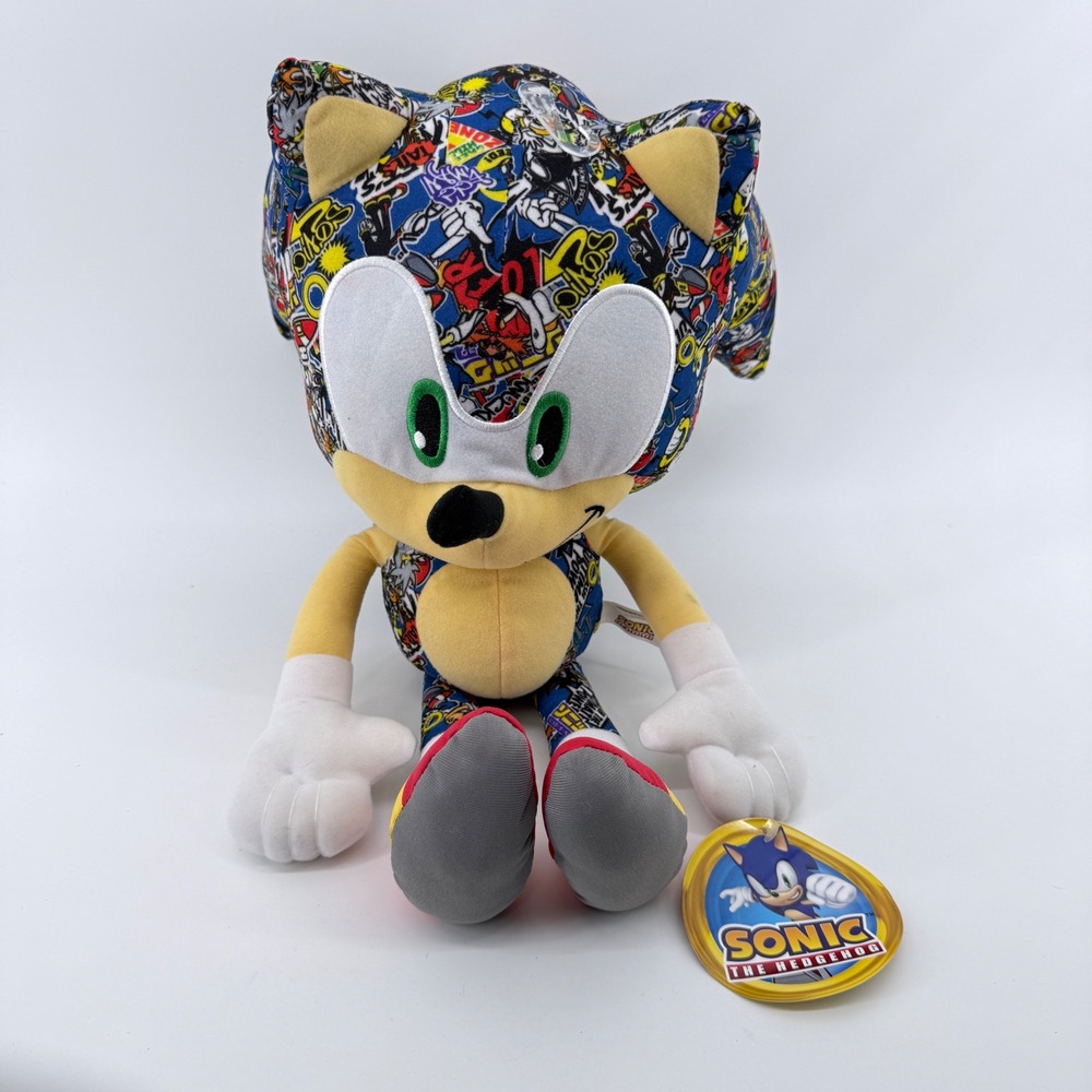 Sonic The Hedgehog Plush Toy 18" Sticker Bomb Graphic Print Blue Multicolor
